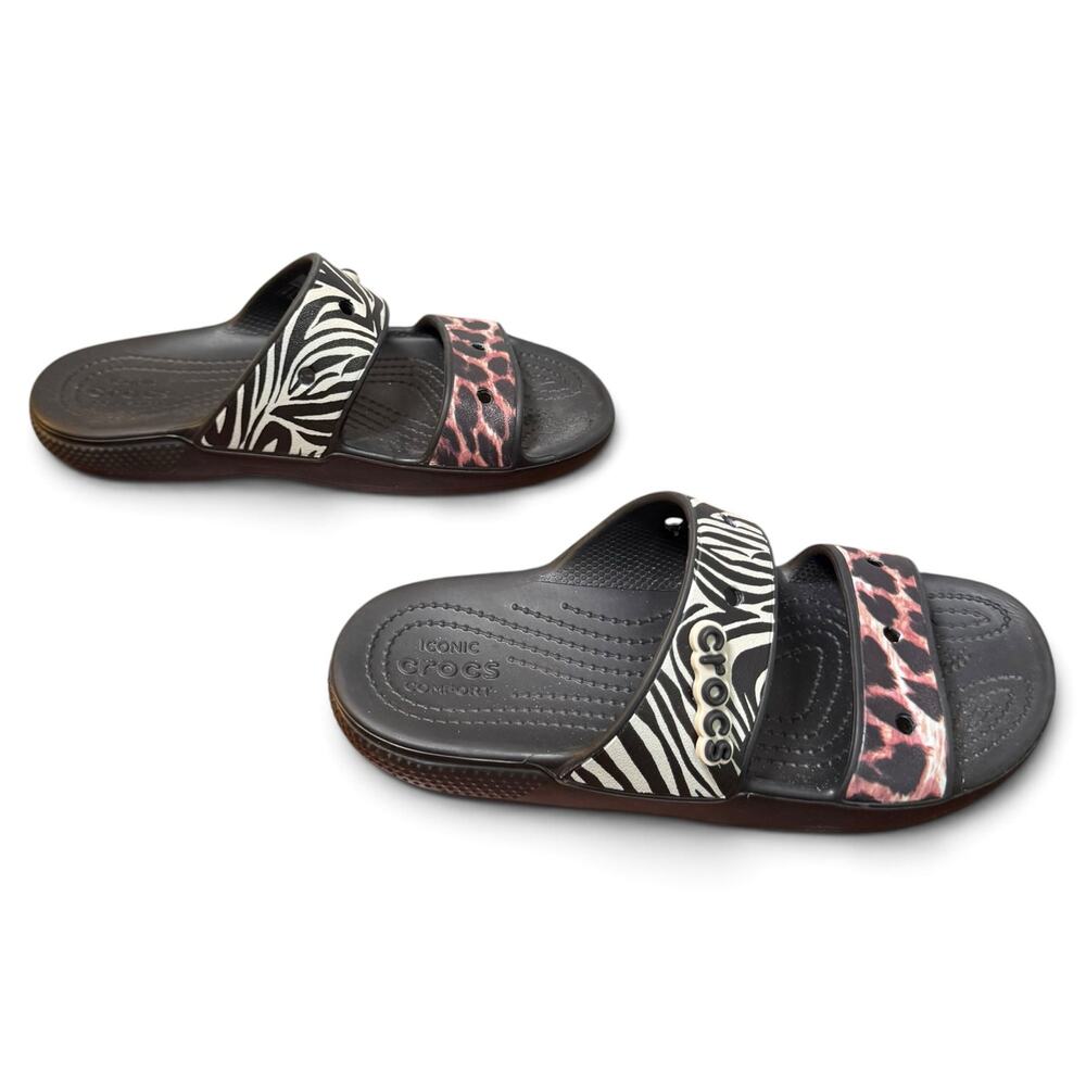 Crocs Women's 6 Classic Animal Remix Slide on Sandals Zebra Cheetah with Charm - Picture 4 of 9